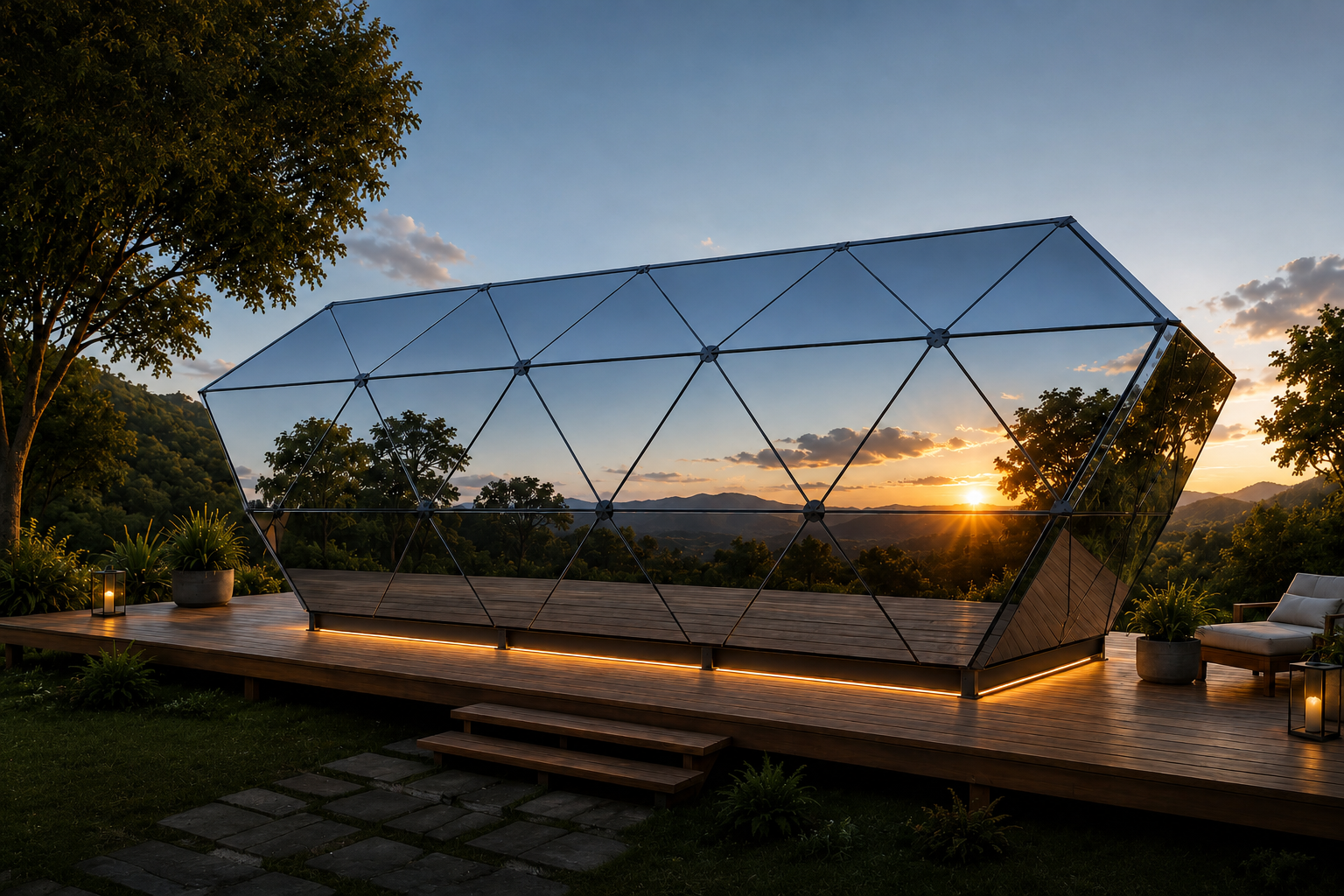 TRIONS, tiny house transportável de geometria triangular contínua, em um deck cercado pela natureza